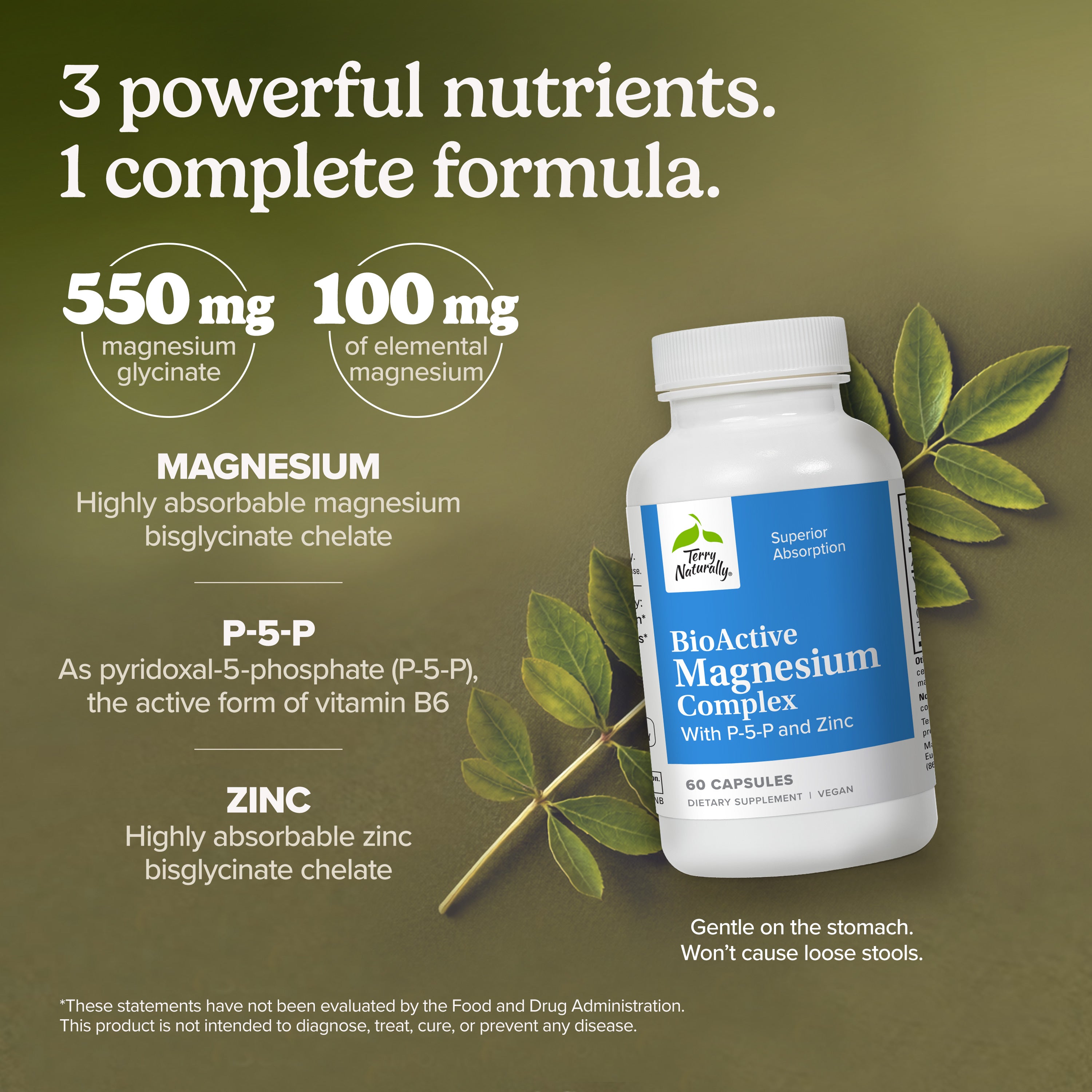 Magnesium glycinate complex supplement bottle with white cap and front label