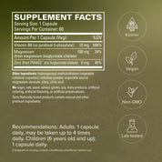 Supplement facts label for magnesium complex bottle with vegan and kosher icons