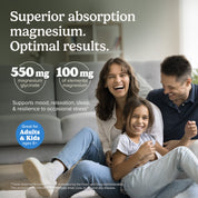 Magnesium supplement marketing with family relaxing on a couch near front-label text