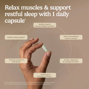 Supplement label graphic promoting relaxed muscles and restful sleep with daily capsule
