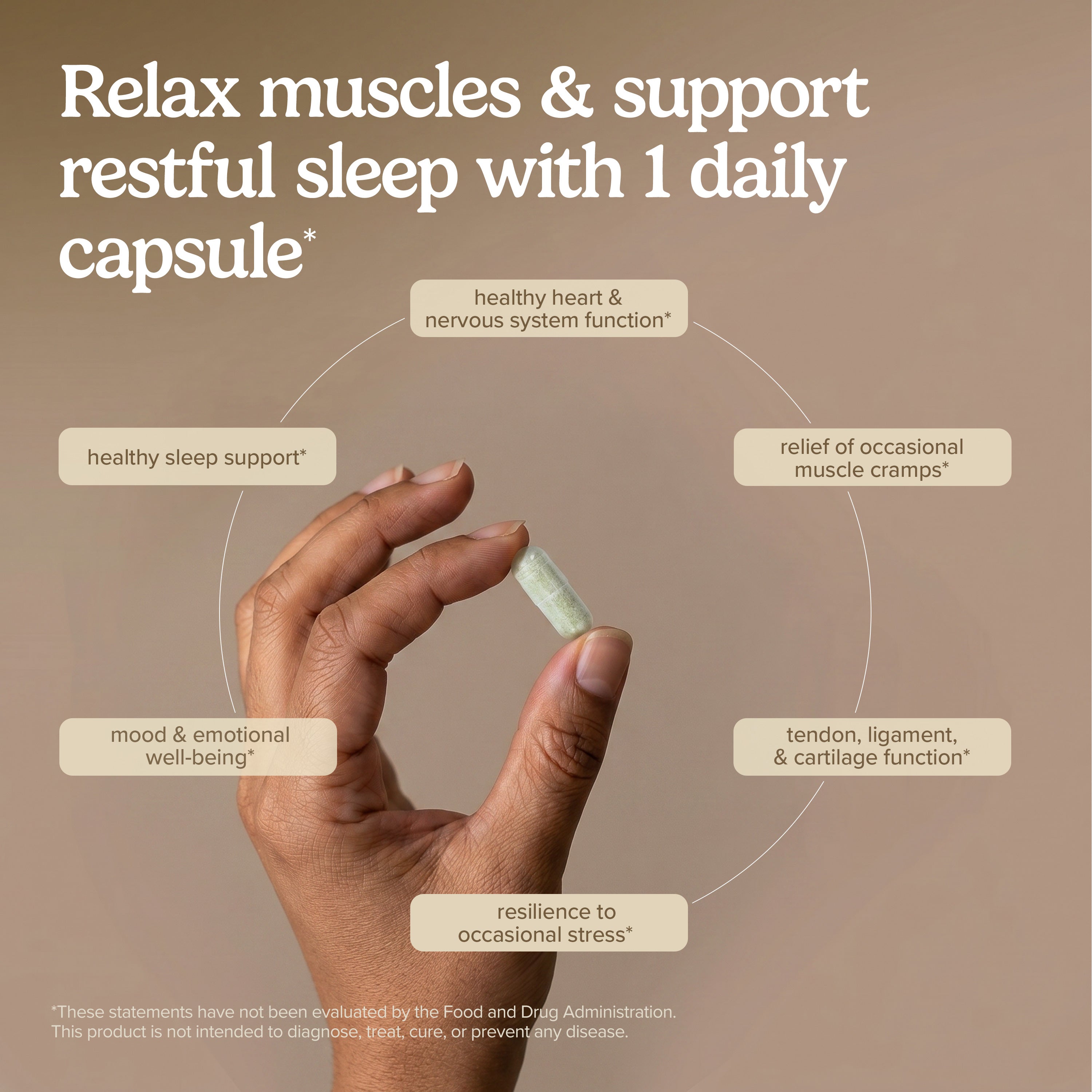 Supplement label graphic promoting relaxed muscles and restful sleep with daily capsule