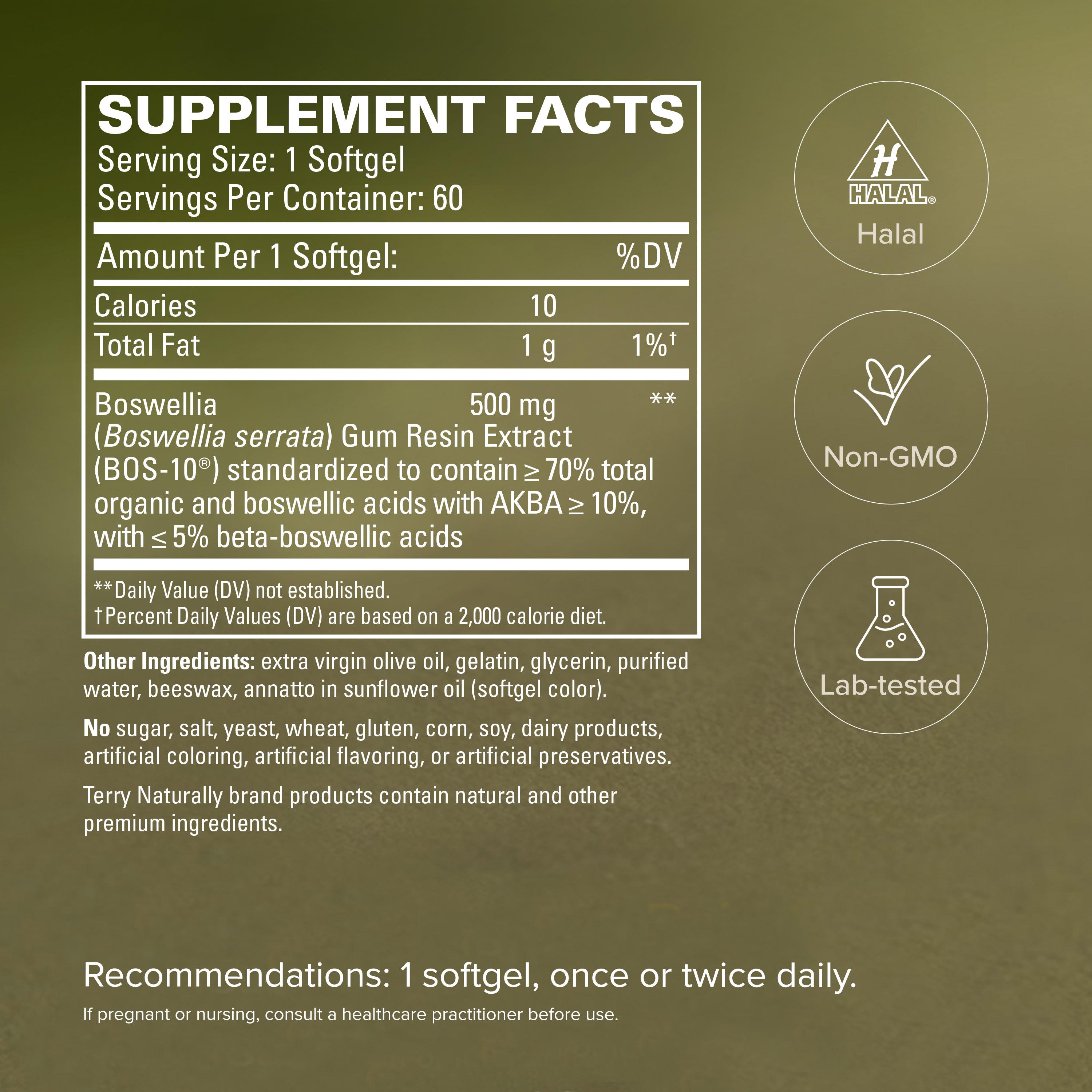 Supplement facts label for boswellia 500 extra strength softgels; 1 softgel, 60 servings
