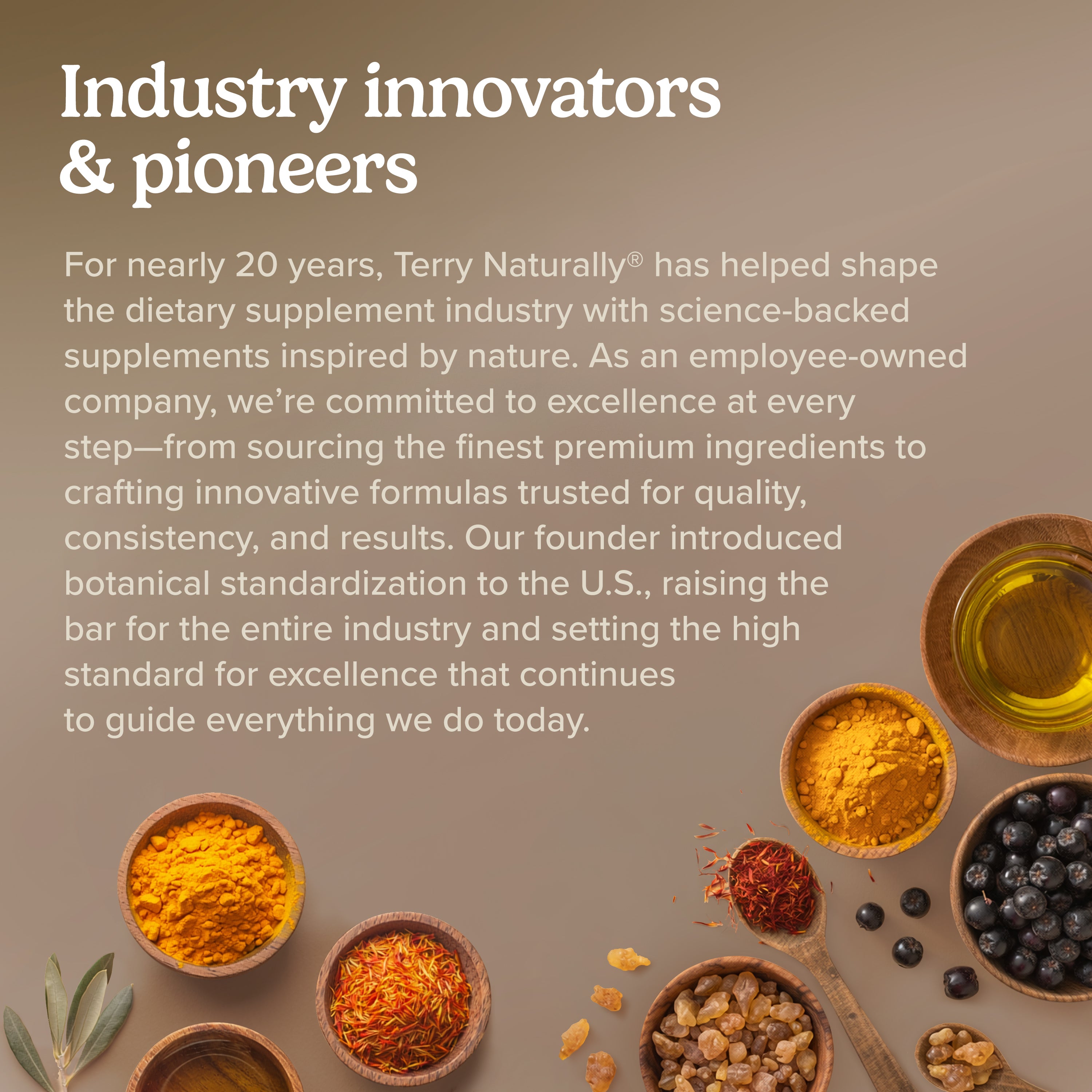 Industry innovators& pioneers — For nearly 20 years, Terry Naturally® has helped shapethe dietary supplement industry with science-backed supplements inspired by nature. As an employee-owned company, we’re committed to excellence at every step—from sourcing the finest premium ingredients to crafting innovative formulas trusted for quality,
consistency, and results. 