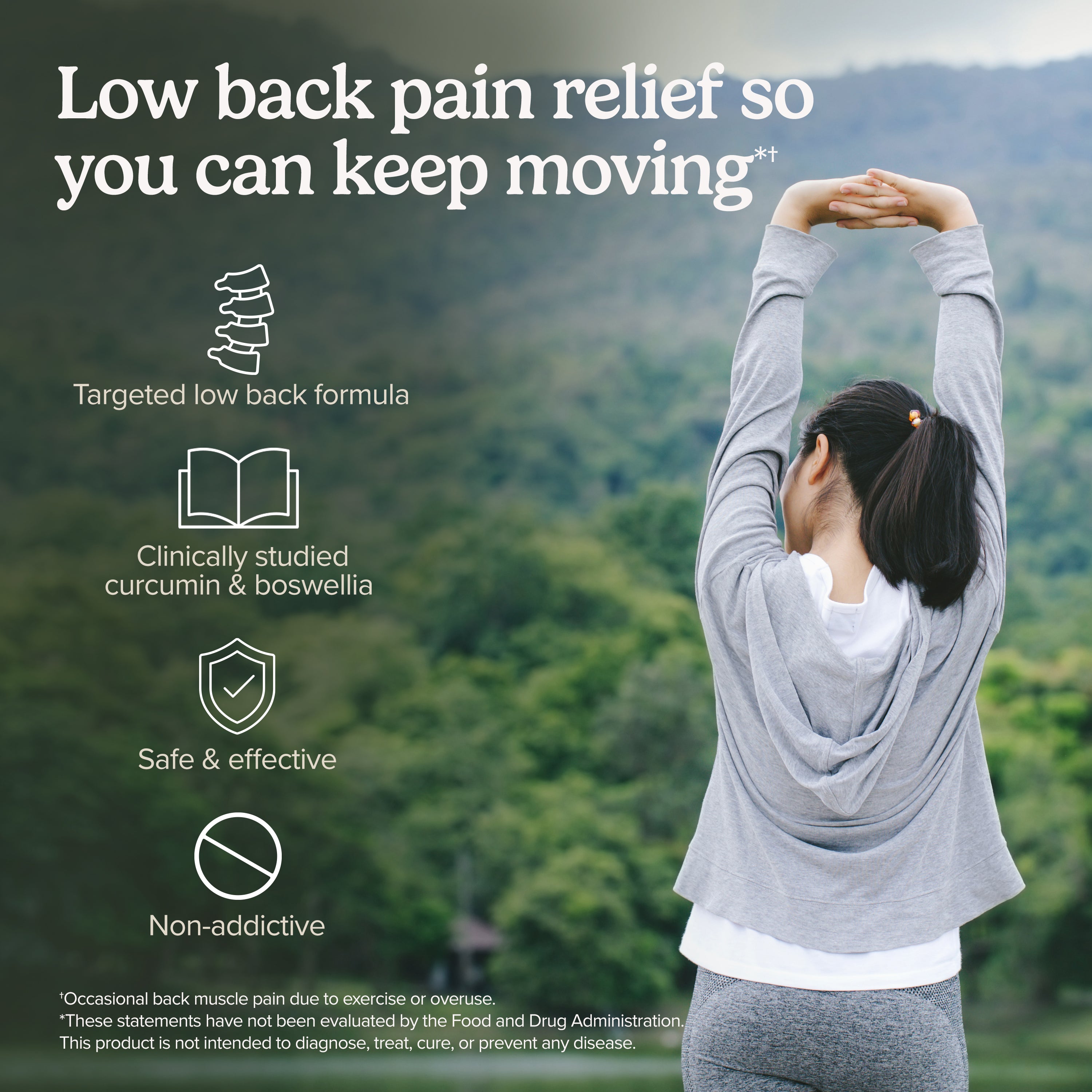 Woman stretching overhead to support low back pain relief while staying active