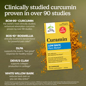 Low back pain relief supplement bottle front label with curcumin, boswellia, and devil's claw