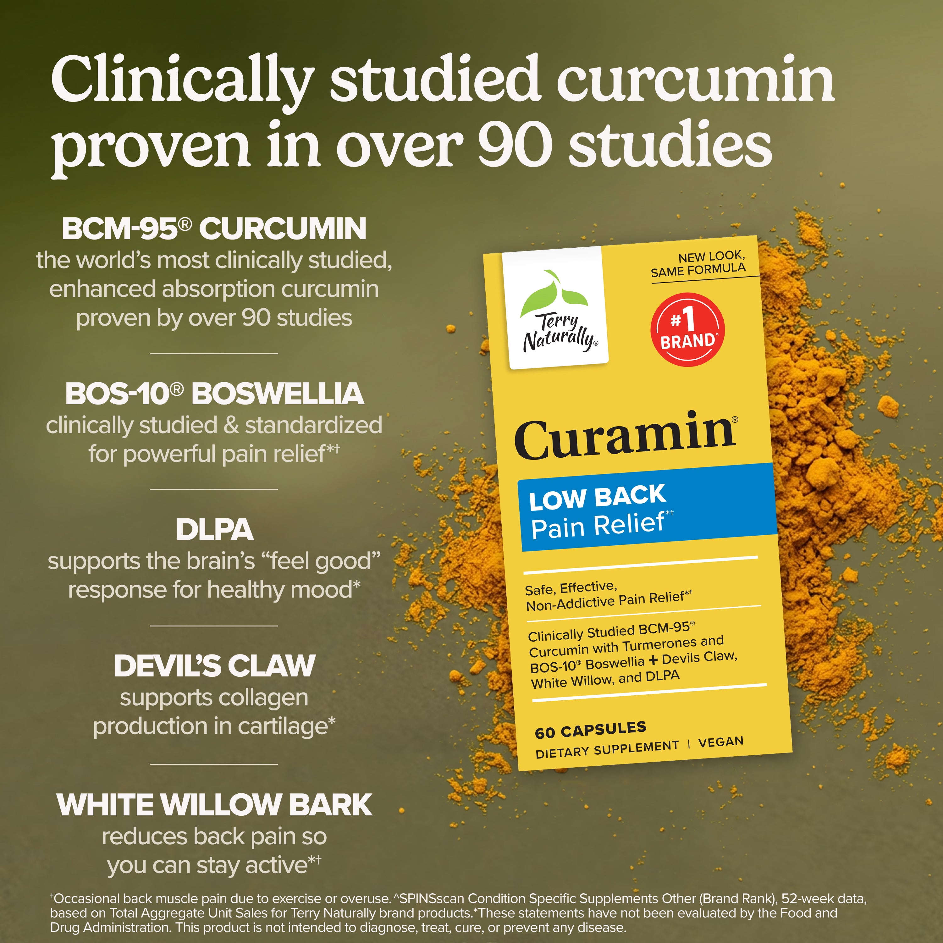 Low back pain relief supplement bottle front label with curcumin, boswellia, and devil's claw