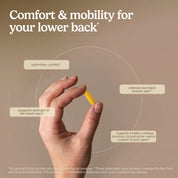 Yellow softgel capsule held between fingers for low back comfort and mobility