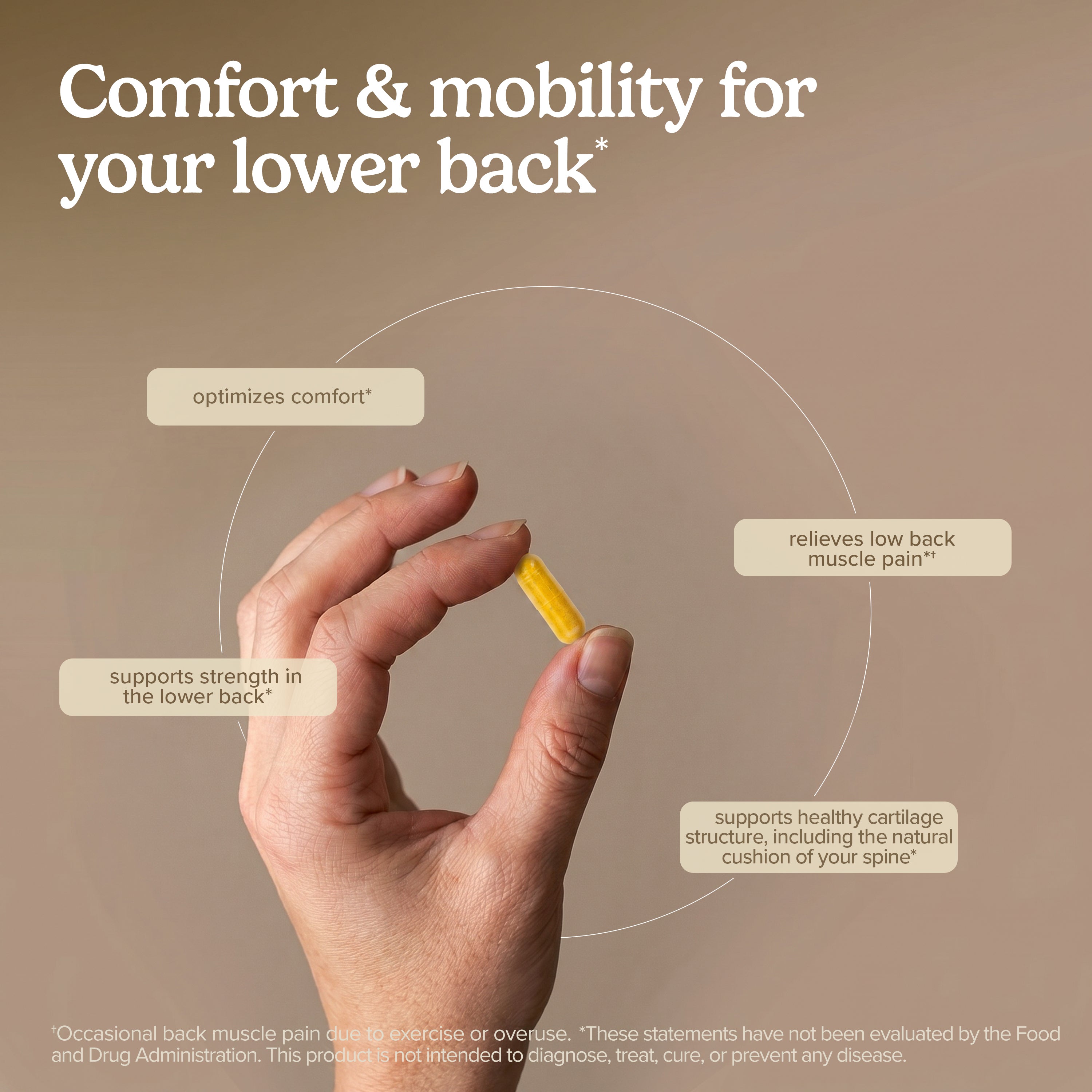 Yellow softgel capsule held between fingers for low back comfort and mobility