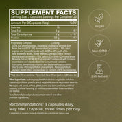Supplement Facts label on low back pain relief supplement bottle; vegan, non-GMO, lab-tested