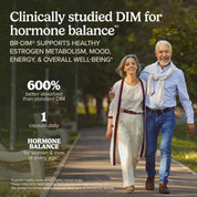 Clinically studied hormone balance infographic with walking seniors outdoors