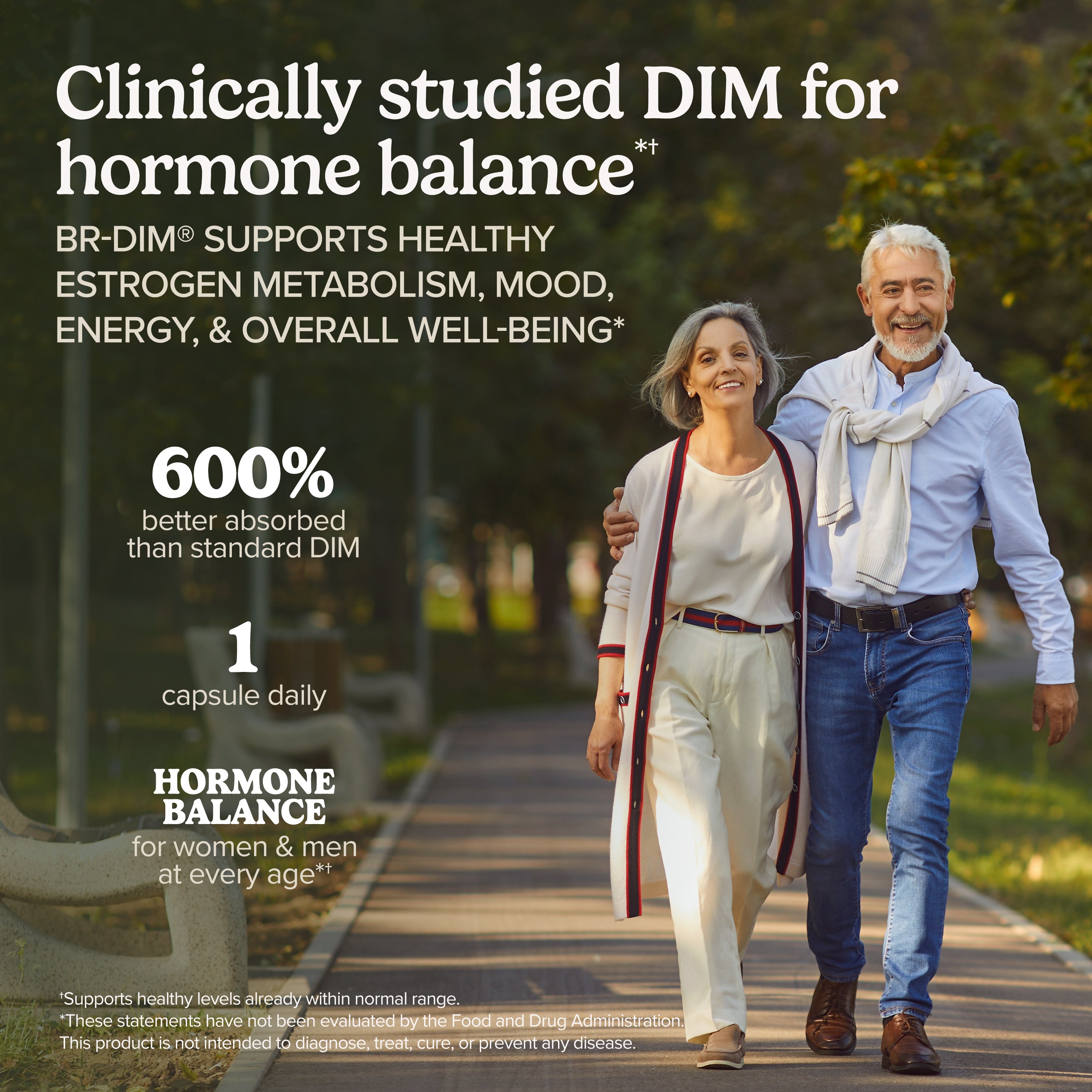 Clinically studied hormone balance infographic with walking seniors outdoors