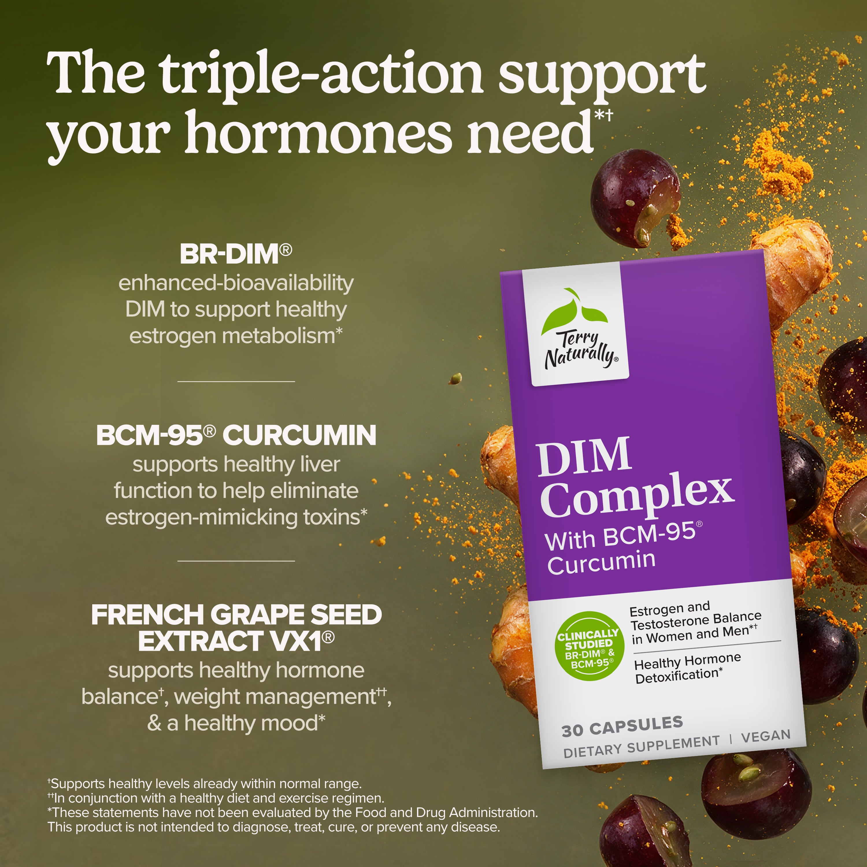 Hormone triple-action support infographic with purple DIM-style supplement bottle