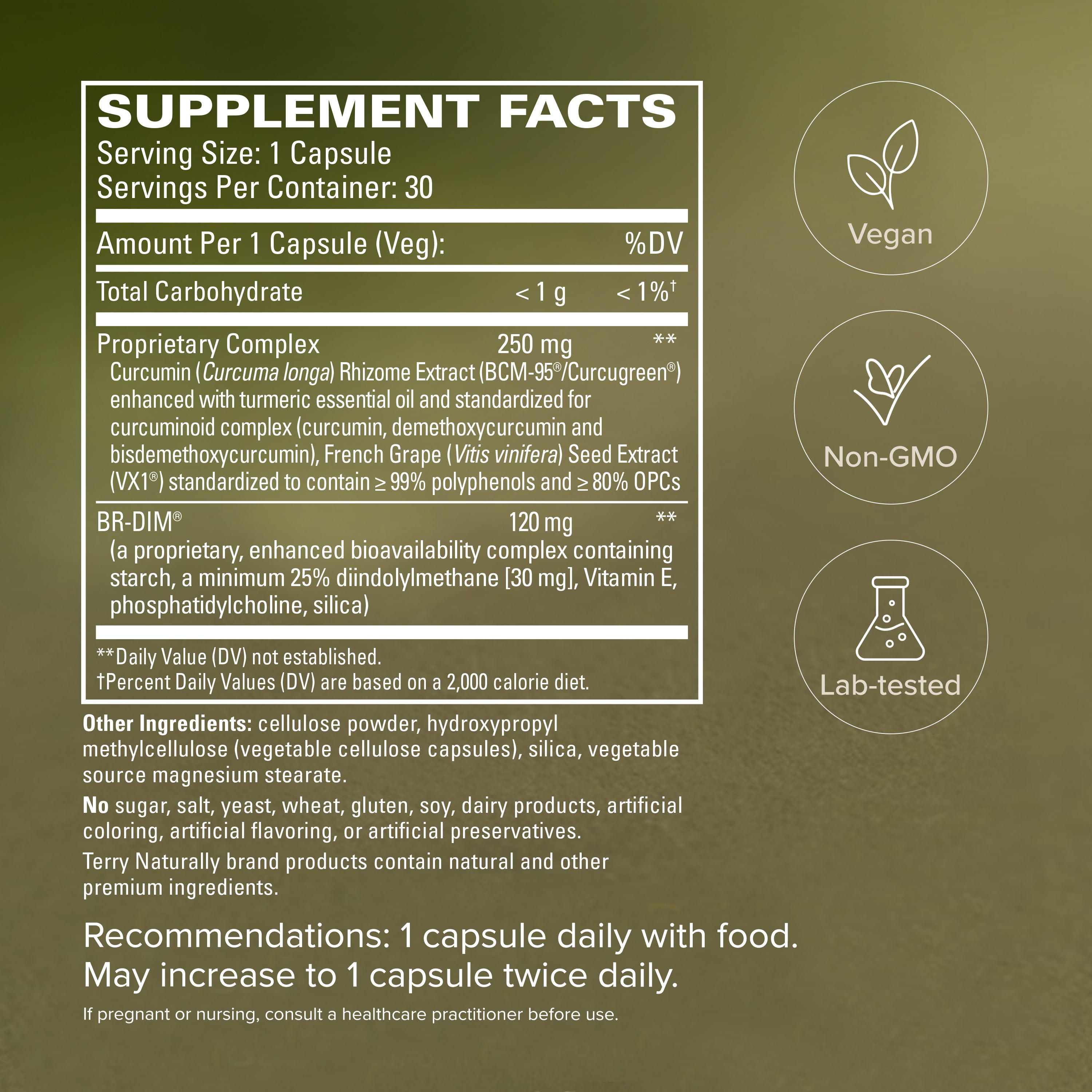 Supplement facts label for vegan capsules, showing serving size and ingredients
