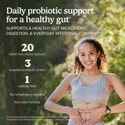 FloraSure® Probiotic supplement benefits graphic beside a woman