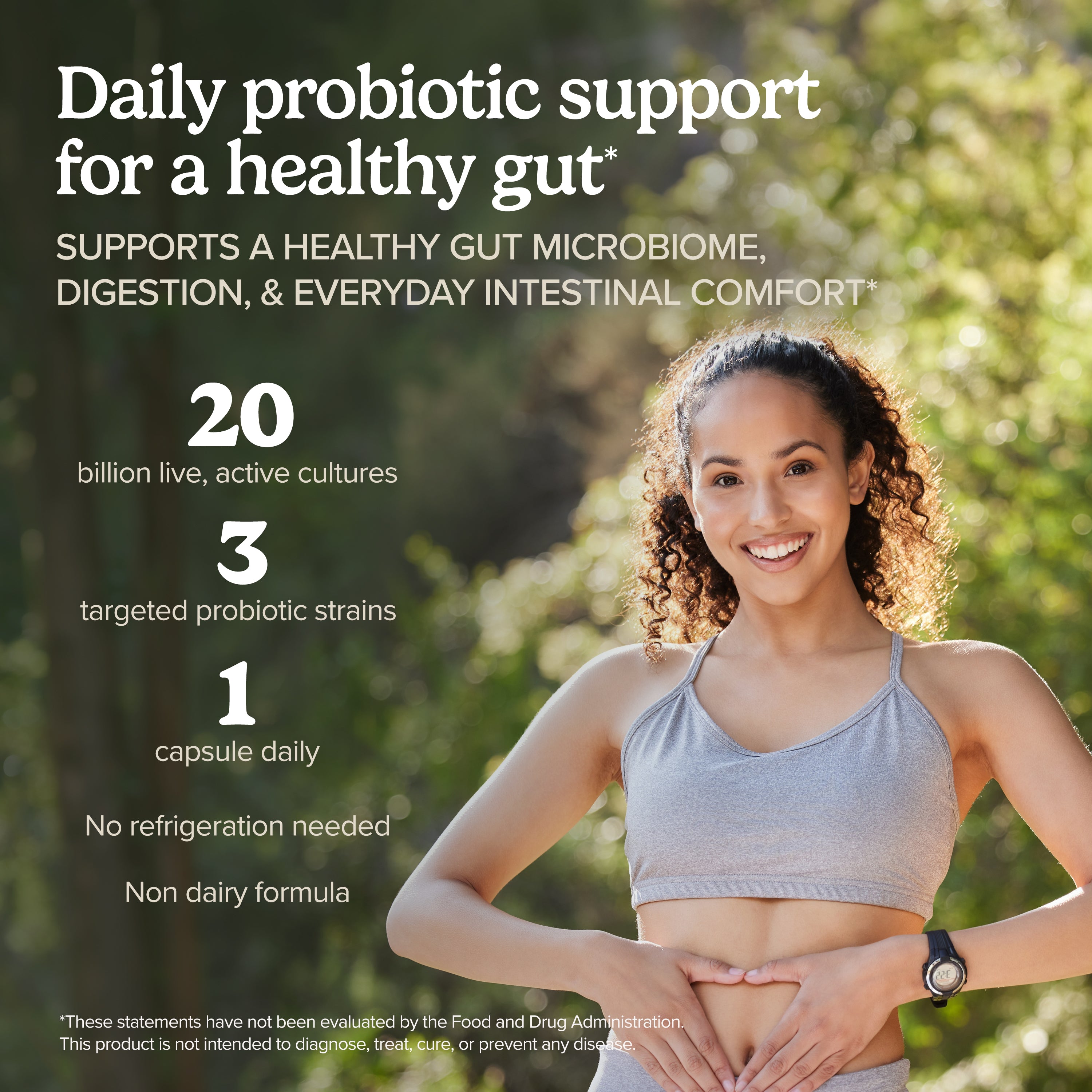 FloraSure® Probiotic supplement benefits graphic beside a woman