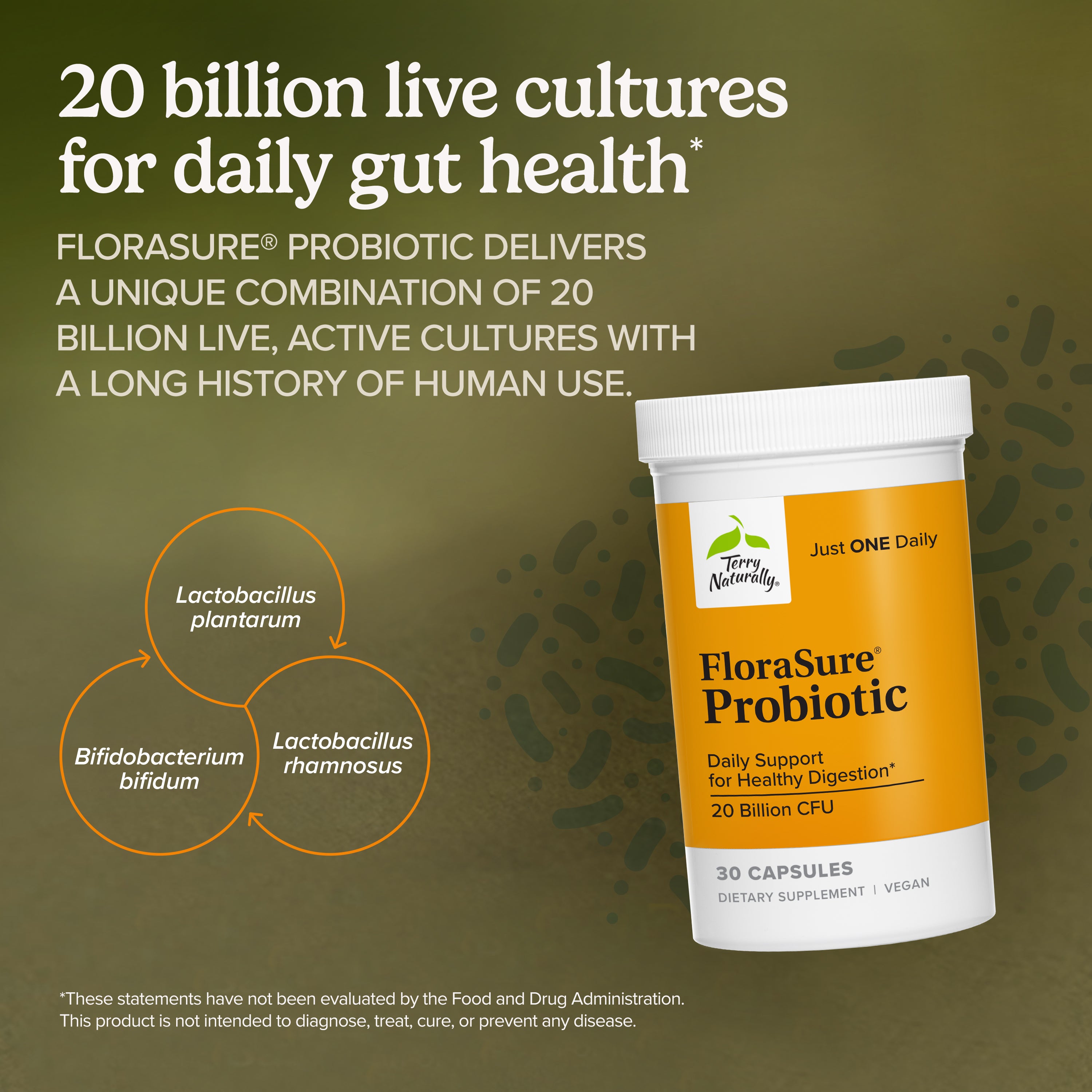 FloraSure® Probiotic bottle with label listing 20 billion live cultures