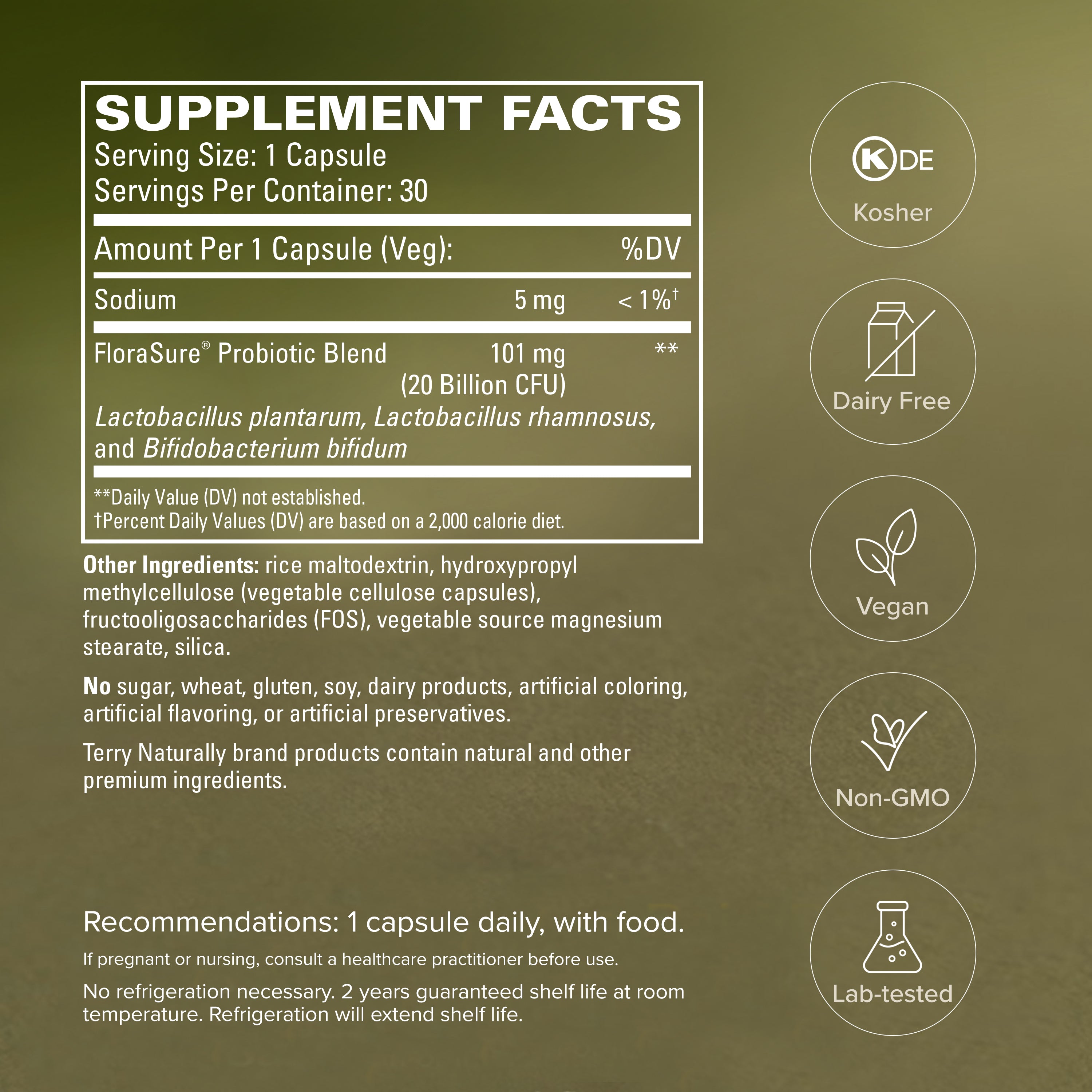 FloraSure® Probiotic supplement facts and dietary feature icons