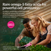 Pomegranate oil omega-5 supplement promotional graphic with people and circular omega icon