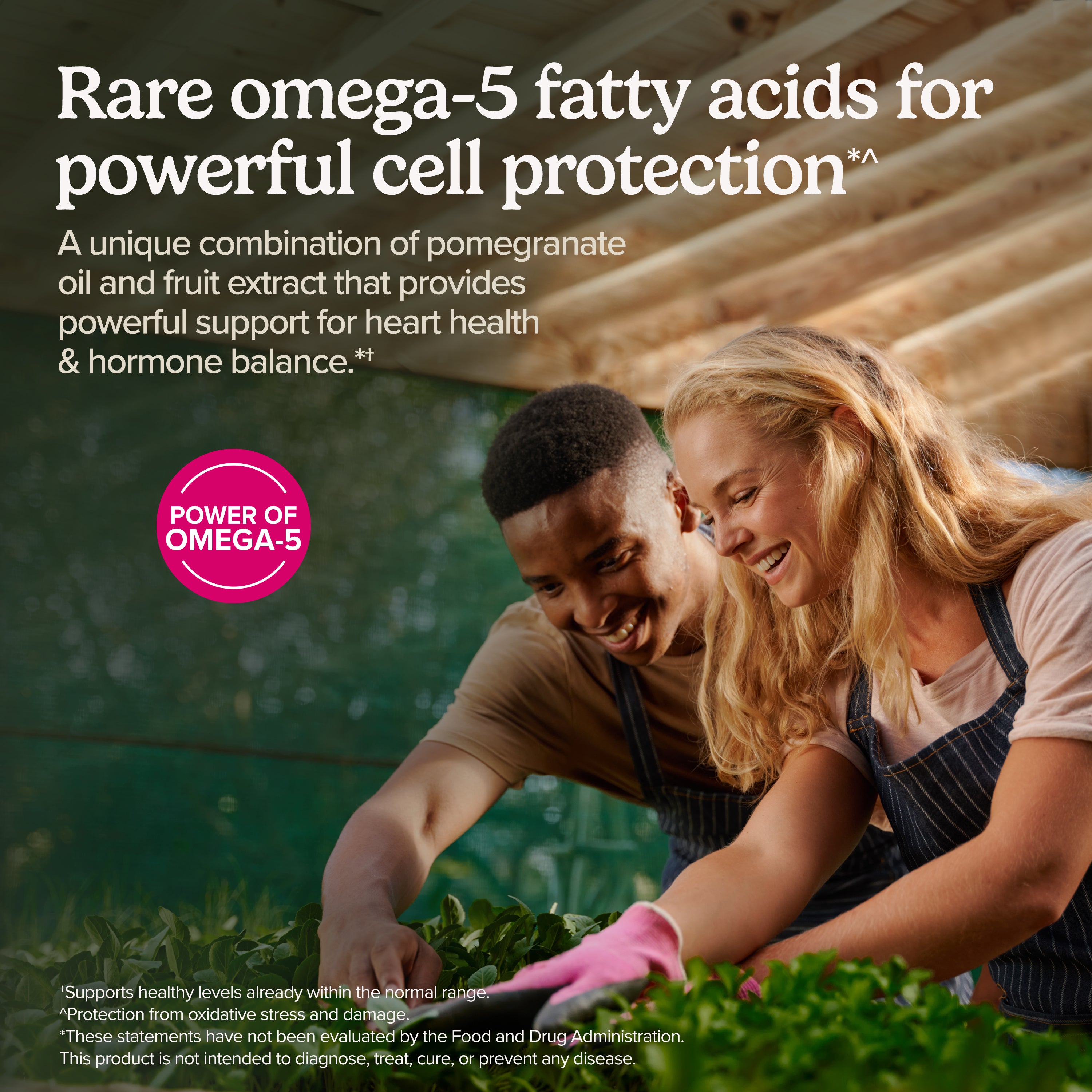 Pomegranate oil omega-5 supplement promotional graphic with people and circular omega icon