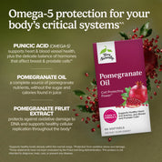 Pomegranate oil supplement box with bottle, pomegranate fruit, and omega-5 power badge