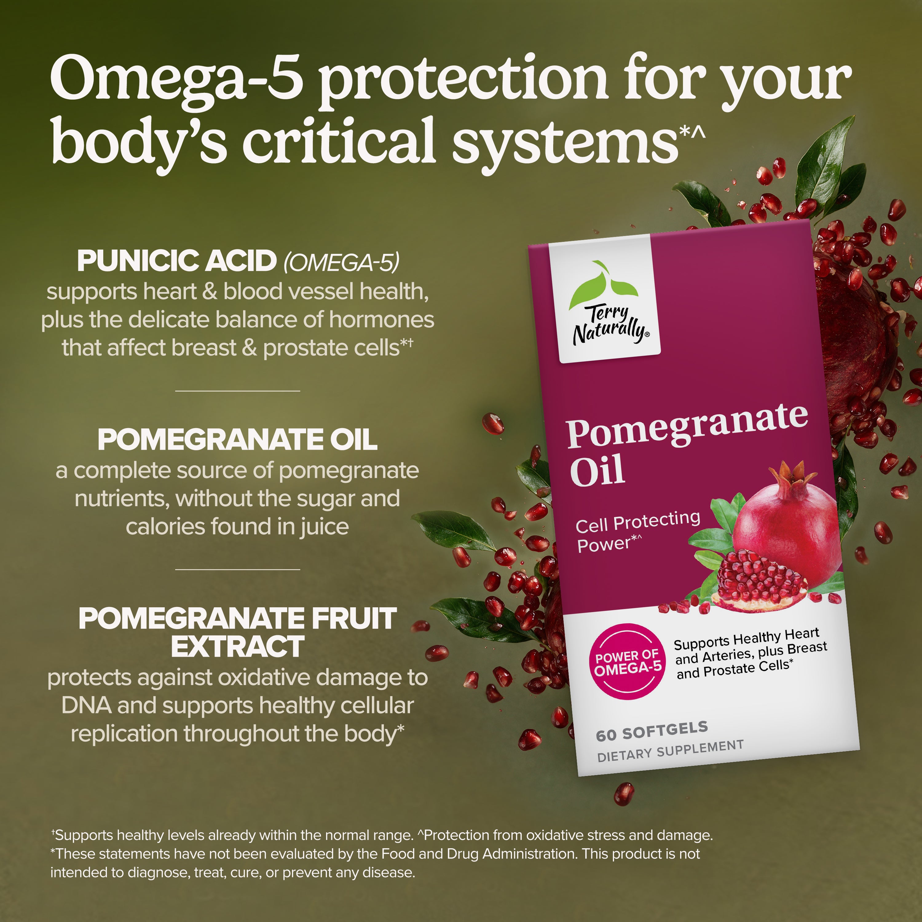 Pomegranate oil supplement box with bottle, pomegranate fruit, and omega-5 power badge