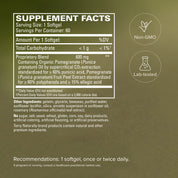 Pomegranate oil supplement facts panel with Non-GMO and lab-tested icons