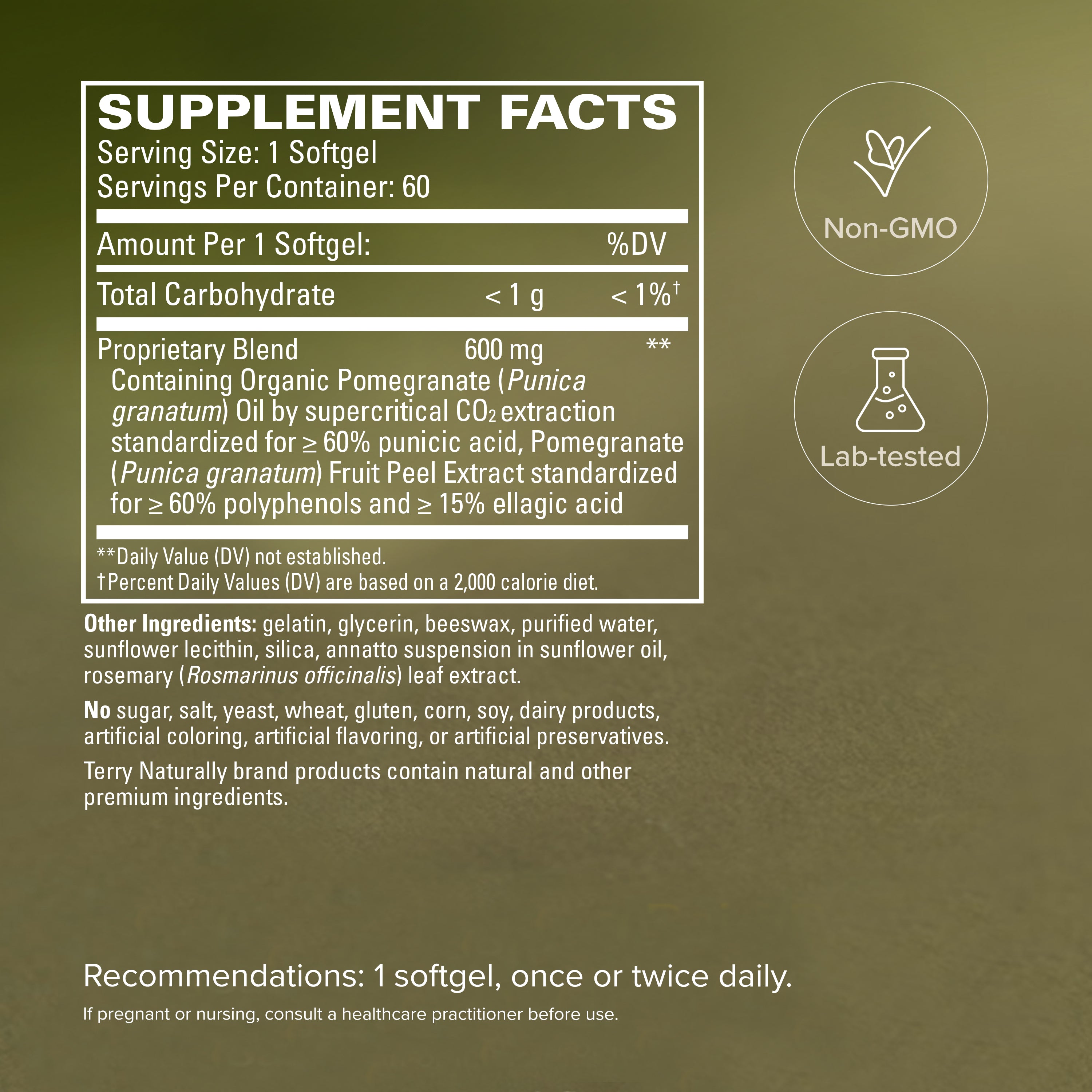 Pomegranate oil supplement facts panel with Non-GMO and lab-tested icons