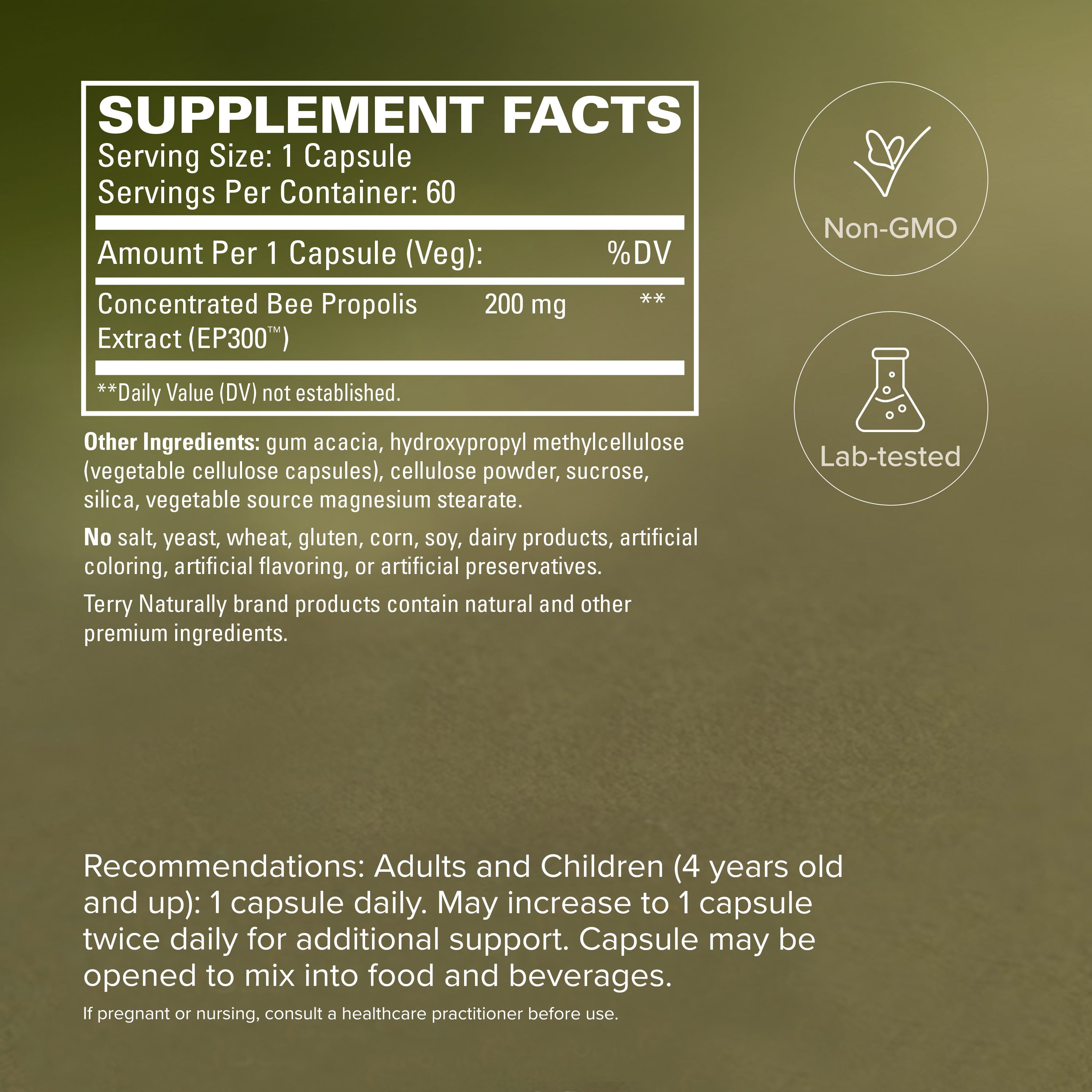 Supplement Facts panel for Propolis Extract EP300: 1 capsule serving, 60 count