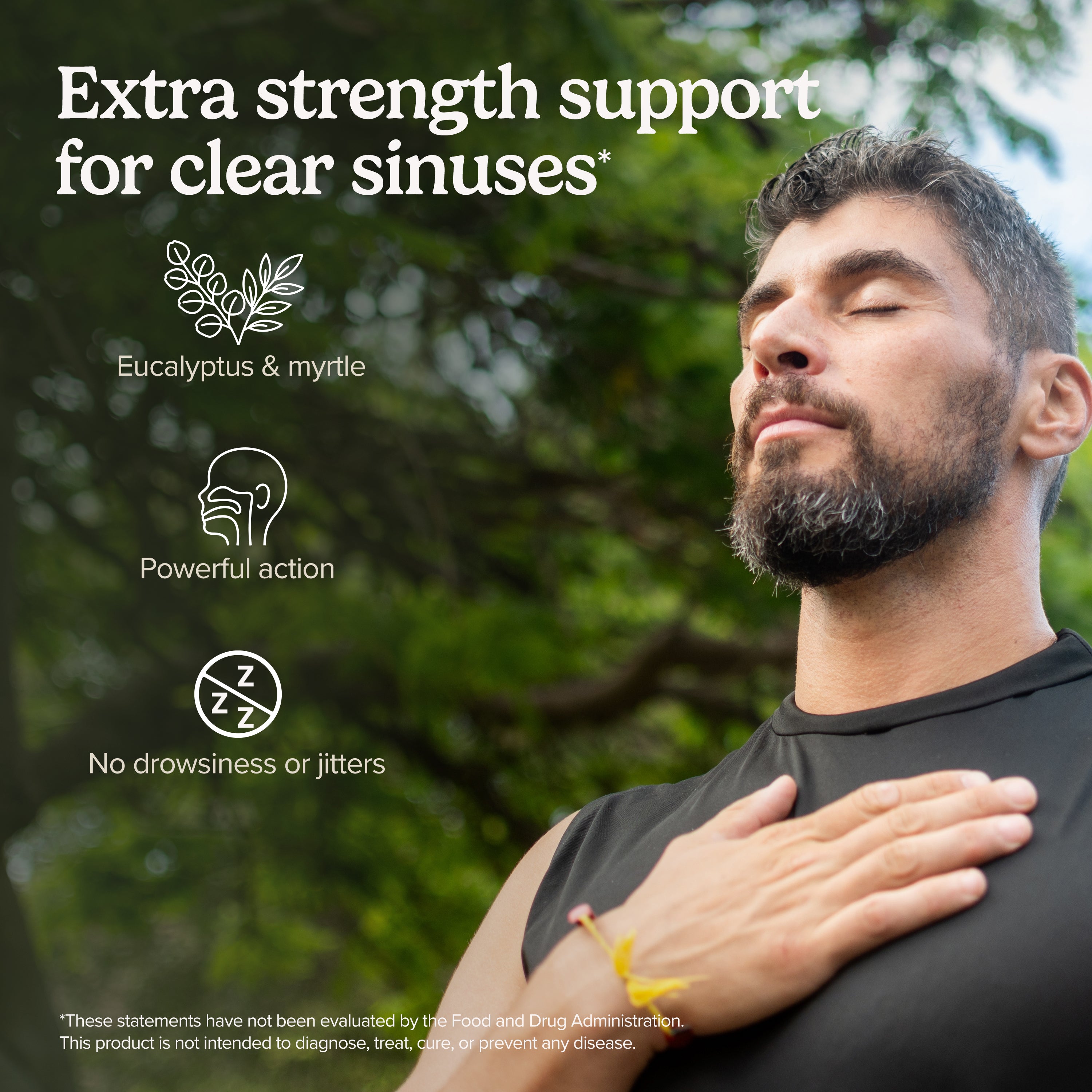 SinuCare™ Extra Strength softgel supplement support, person touching throat