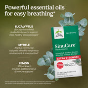SinuCare™ Extra Strength bottle with eucalyptus, myrtle, lemon softgels, non-drowsy