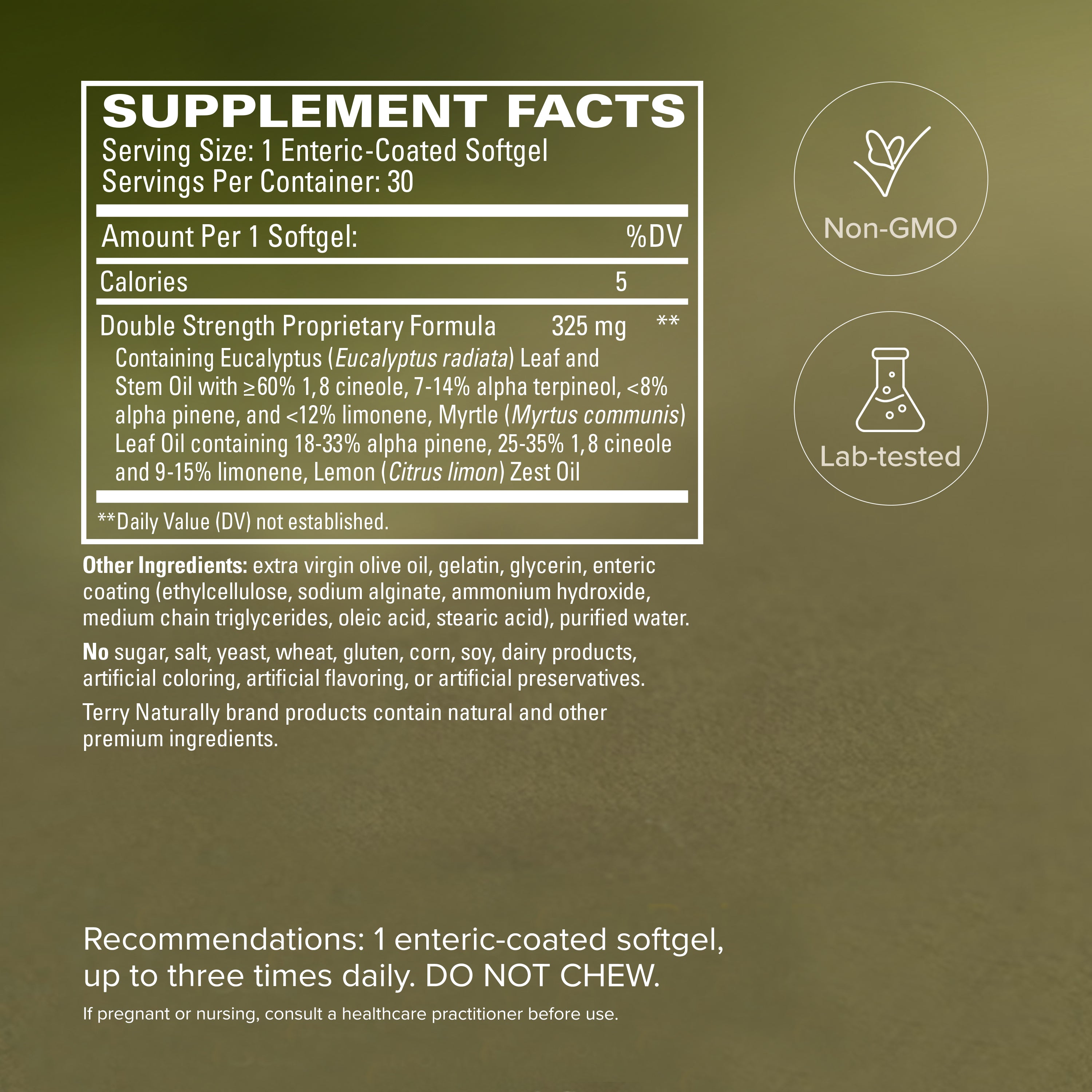 SinuCare™ Supplement Facts label for enteric-coated softgels, 30 servings