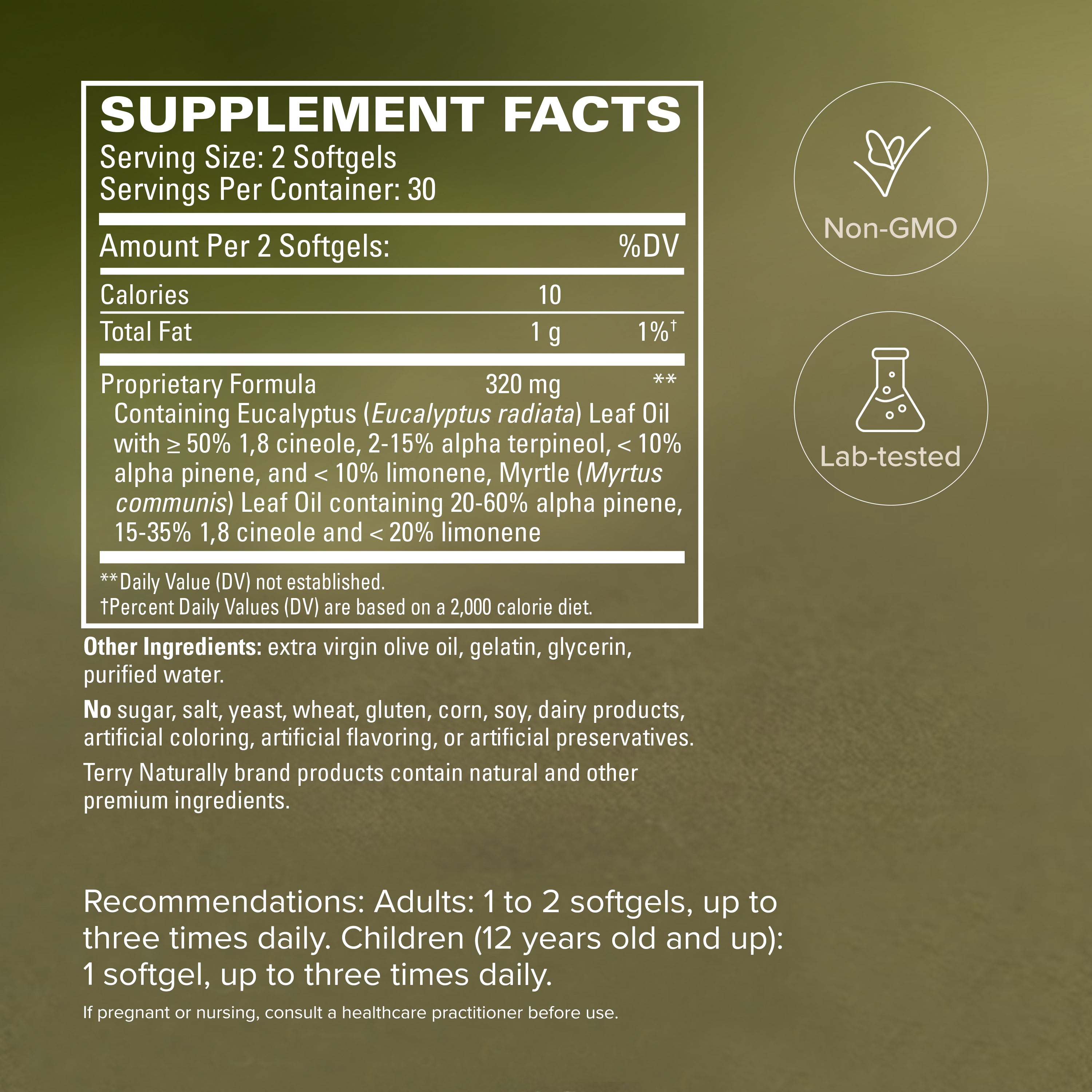 Supplement facts panel for softgels with serving size and proprietary formula details