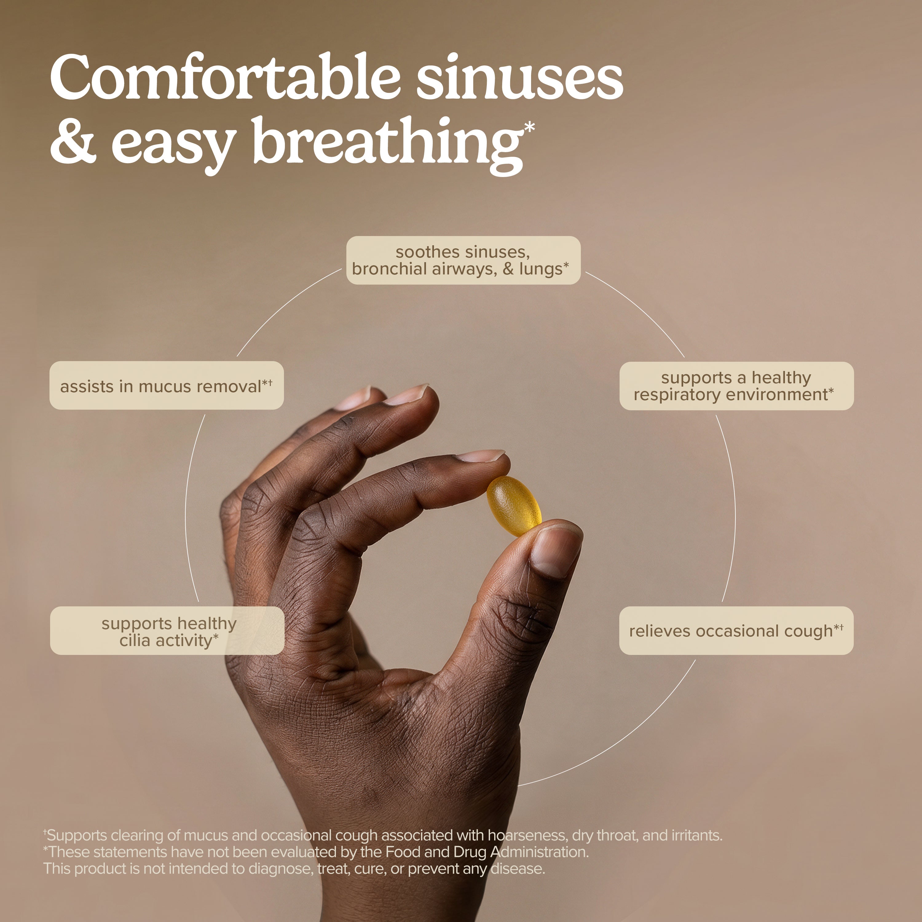 Hand holding yellow softgel capsule for comfortable sinuses and easy breathing