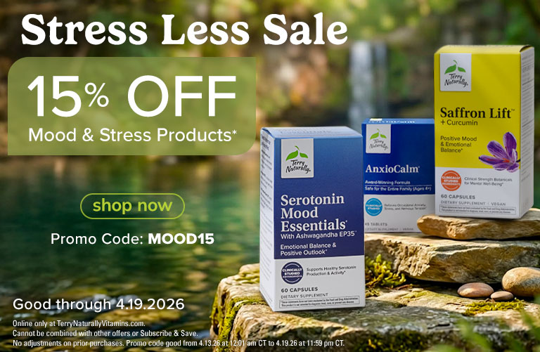 Stress Less Sale • 15% Off Mood & Stress Products* • shop now • Promo Code: MOOD15 • Good through 4.19.2026