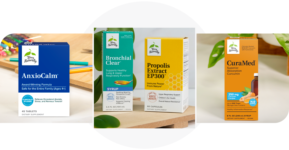 Product images: AnxioCalm, Bronchial Clear, Propolis Extract EP300, and CuraMed Syrup