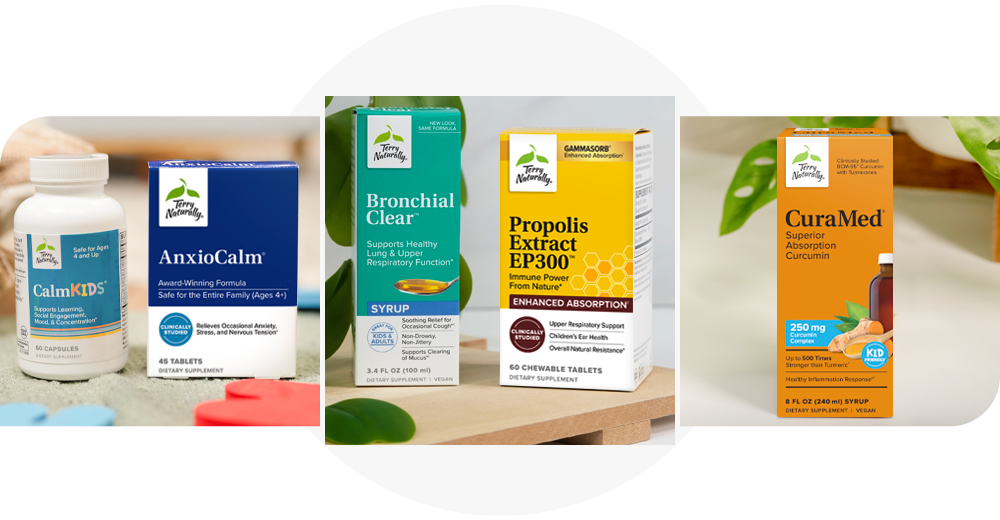Product images: Calm Kids, AnxioCalm, Bronchial Clear, Propolis Extract EP300, and CuraMed Syrup